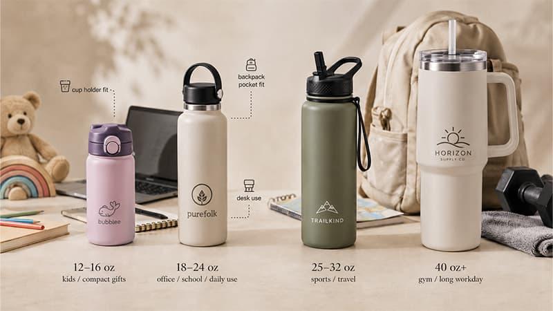 Large-capacity time-marker water bottles in 32 oz, 40 oz, and 64 oz sizes for gym, workdays, and outdoor use
