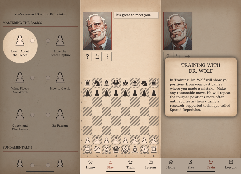 Screenshot collage of the "Learn Chess with Dr. Wolf" app