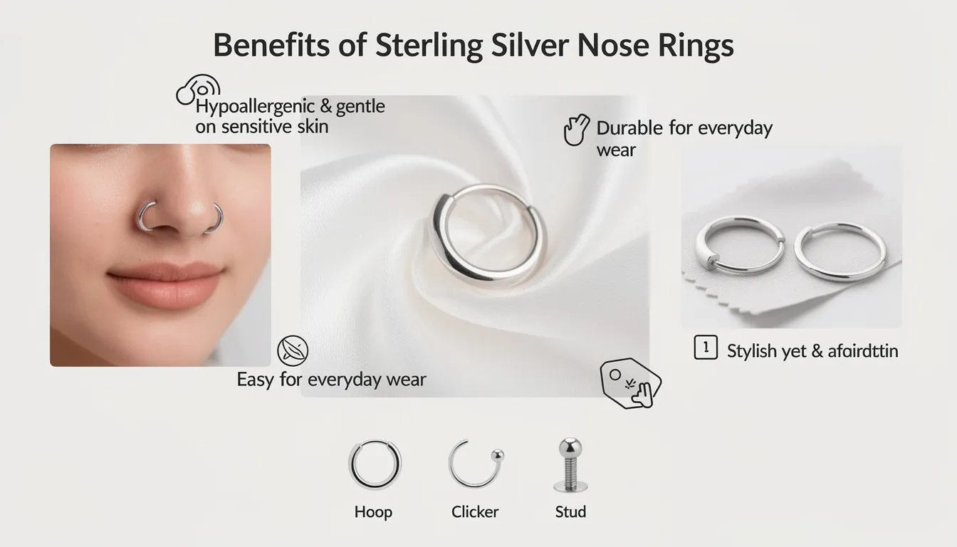 The image showcases a variety of sterling silver nose rings, including hoops, studs, and clickers, all designed for everyday wear. Each piece features a smooth finish and is crafted to cater to diverse styles, making them ideal for individuals with sensitive skin seeking fashionable body jewellery.