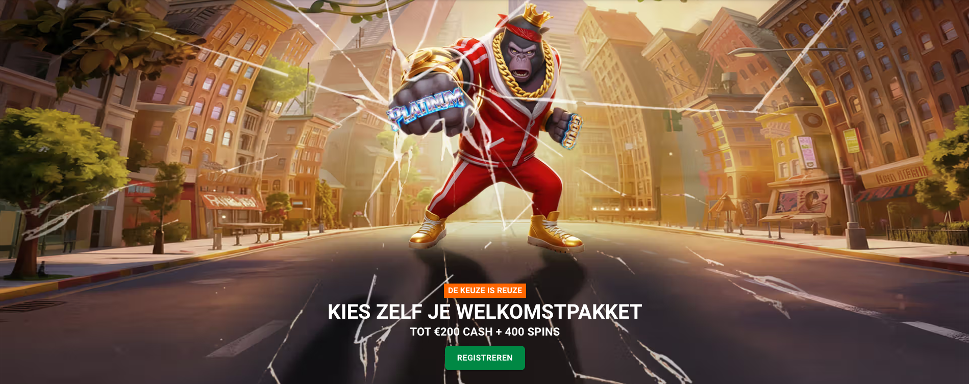 Promotie van de LeoVegas welkomstbonus, waarbij nieuwe spelers kunnen kiezen uit een welkomstpakket tot €200 cash en 400 free spins voor online slots en casinospellen, beschikbaar voor Nederlandse spelers bij een legaal online casino met vergunning van de Nederlandse Kansspelautoriteit.