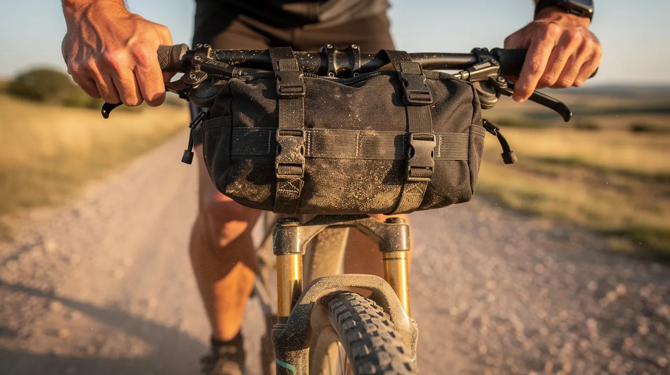 A cyclist is seen adjusting the straps on a fork bag mounted to their gravel bike, ensuring it is securely attached at the fork mounts for optimal stability during their ride. The fork pack appears fully packed, showcasing the highly durable materials designed for adventure and touring.