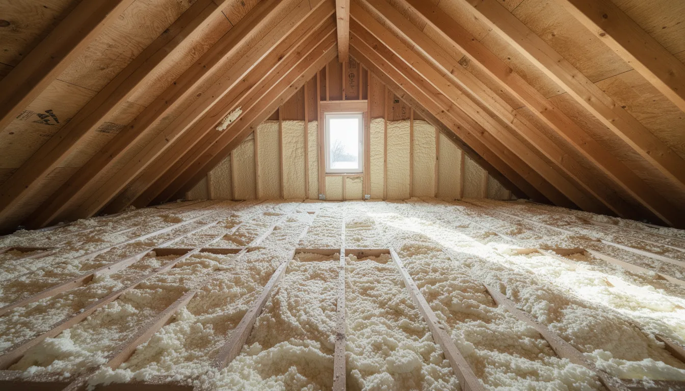 The image shows a clean attic space featuring newly installed insulation, emphasizing the importance of attic cleaning for energy efficiency and improved indoor air quality. The area appears tidy and free from debris, indicating a successful cleaning process that may include services like rodent removal and junk removal.