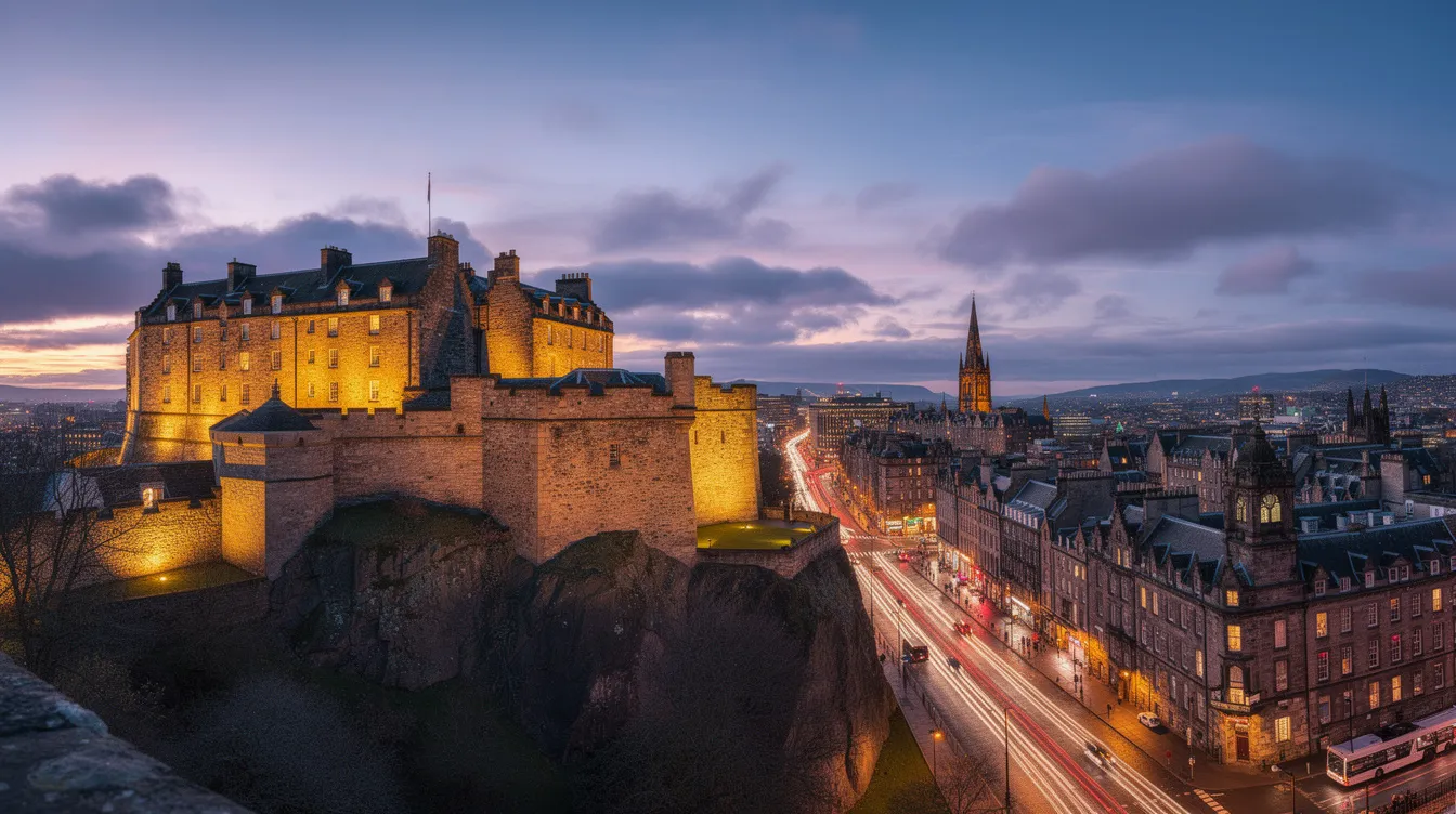 A panoramic view of Edinburgh Castle is beautifully illuminated at dusk, set against the backdrop of the city skyline, showcasing the historic buildings of Edinburgh. This UNESCO World Heritage site is a must-see attraction for visitors exploring the vibrant Edinburgh city centre.