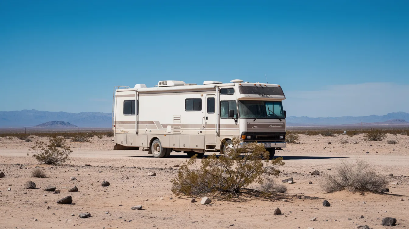 An RV motorhome is parked in a vast desert landscape, showcasing its rooftop air conditioning unit against a clear blue sky. This setup illustrates the importance of efficient cooling systems for maintaining a comfortable environment while traveling in larger RVs.