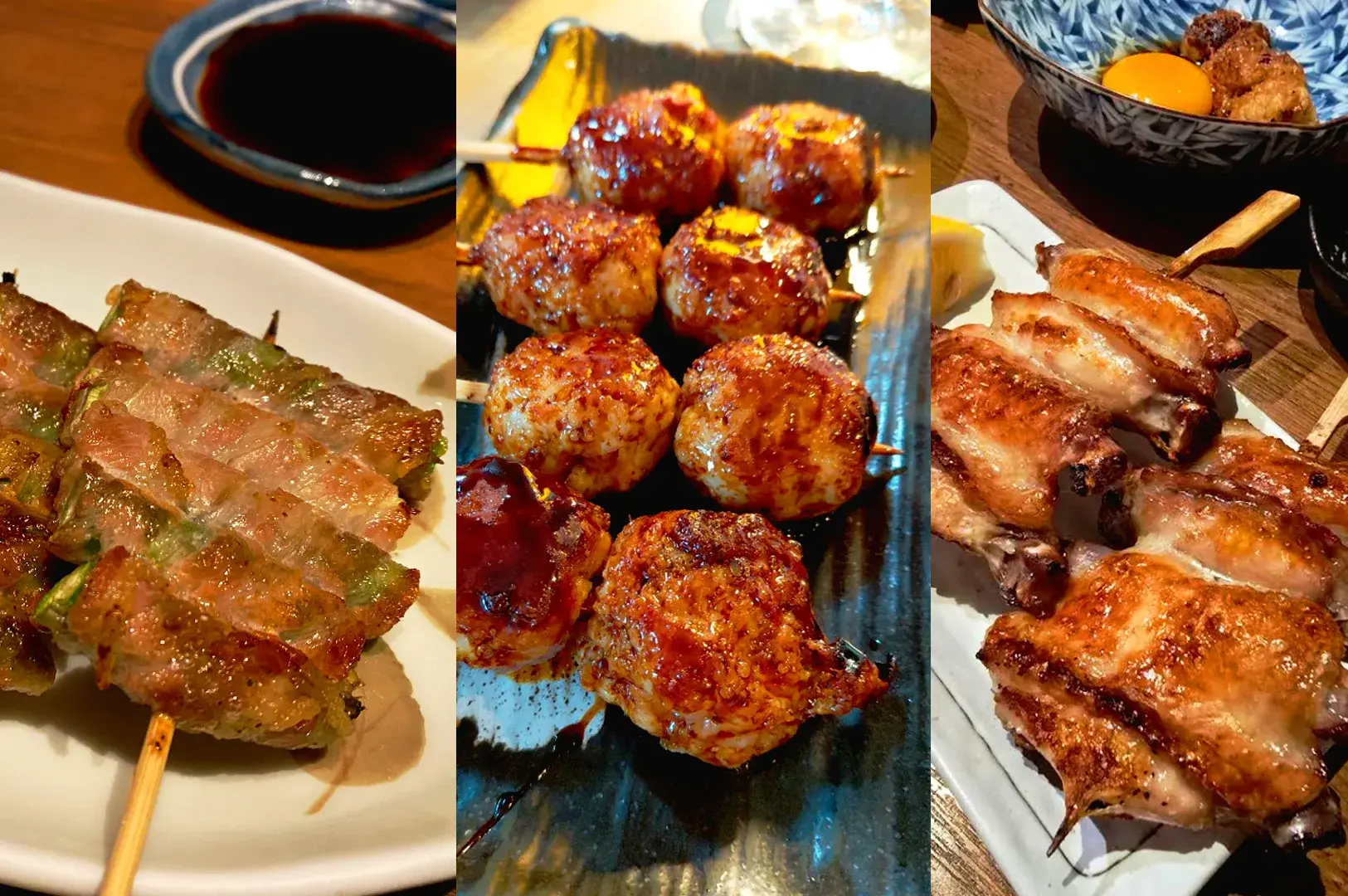 variety of yakitori skewers including bacon wrapped vegetables tsukune meatballs and grilled chicken wings