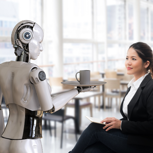 Image showing a service robot offering a woman a cup of coffee at a restaurant 