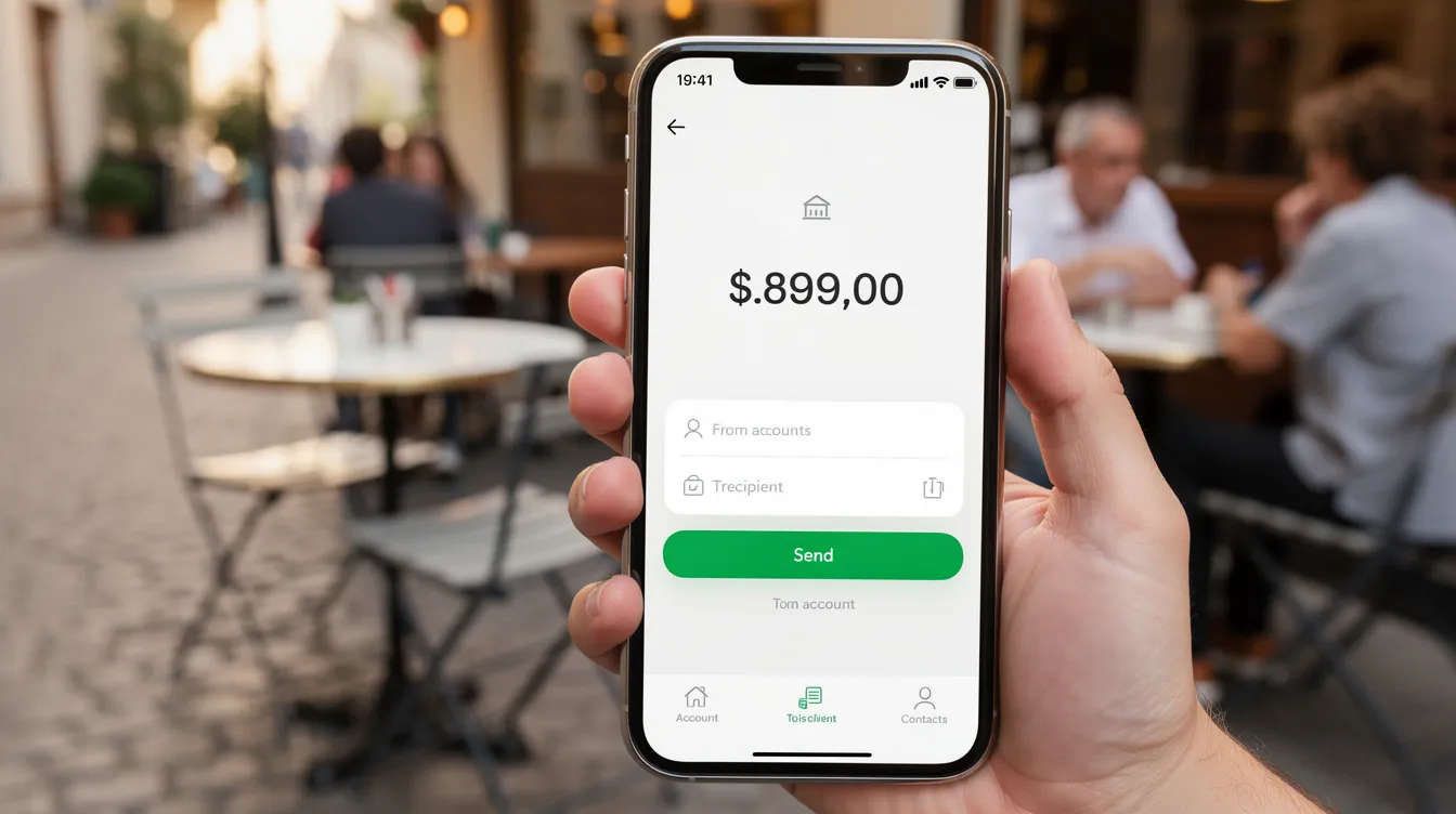 The image features a close-up of a smartphone displaying a money transfer app screen, highlighting the digital tax refund feature, with a quaint European café softly blurred in the background. This scene encapsulates the convenience of receiving eligible tax refunds instantly through innovative financial services like the GCash app.