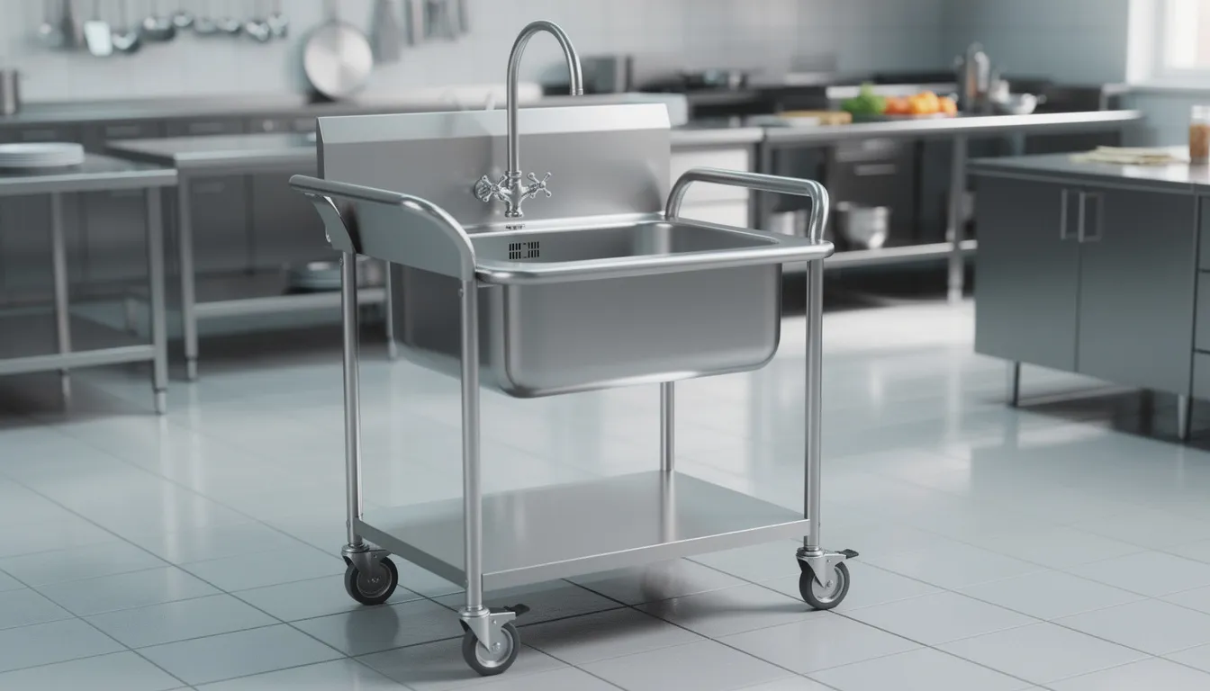 The image shows a stainless steel portable sink on wheels, designed for use in a commercial kitchen. It features a foot pump for hands-free operation, ensuring easy access to fresh running water for hand washing, along with a soap dispenser and towel holder for convenience.
