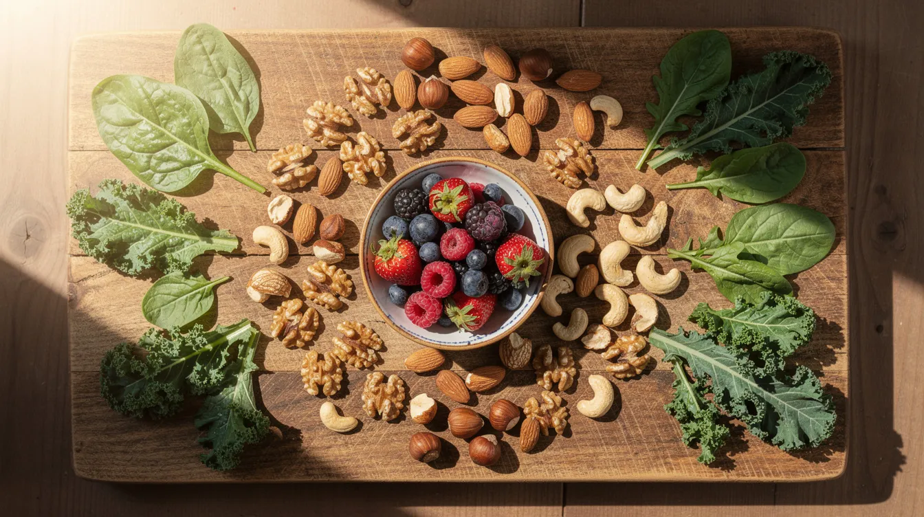 The image showcases a variety of healthy foods, including nuts, berries, and leafy greens, beautifully arranged on a wooden cutting board. These nutrient-rich items are essential for supporting brain health and maintaining mental clarity, contributing to overall cognitive function and improved focus.