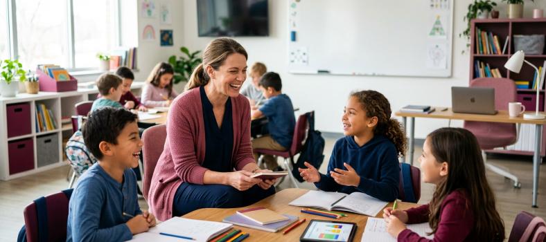 Picture that shows a happy teacher that got more time to spendf on meaningful work instead of scoring tasks.