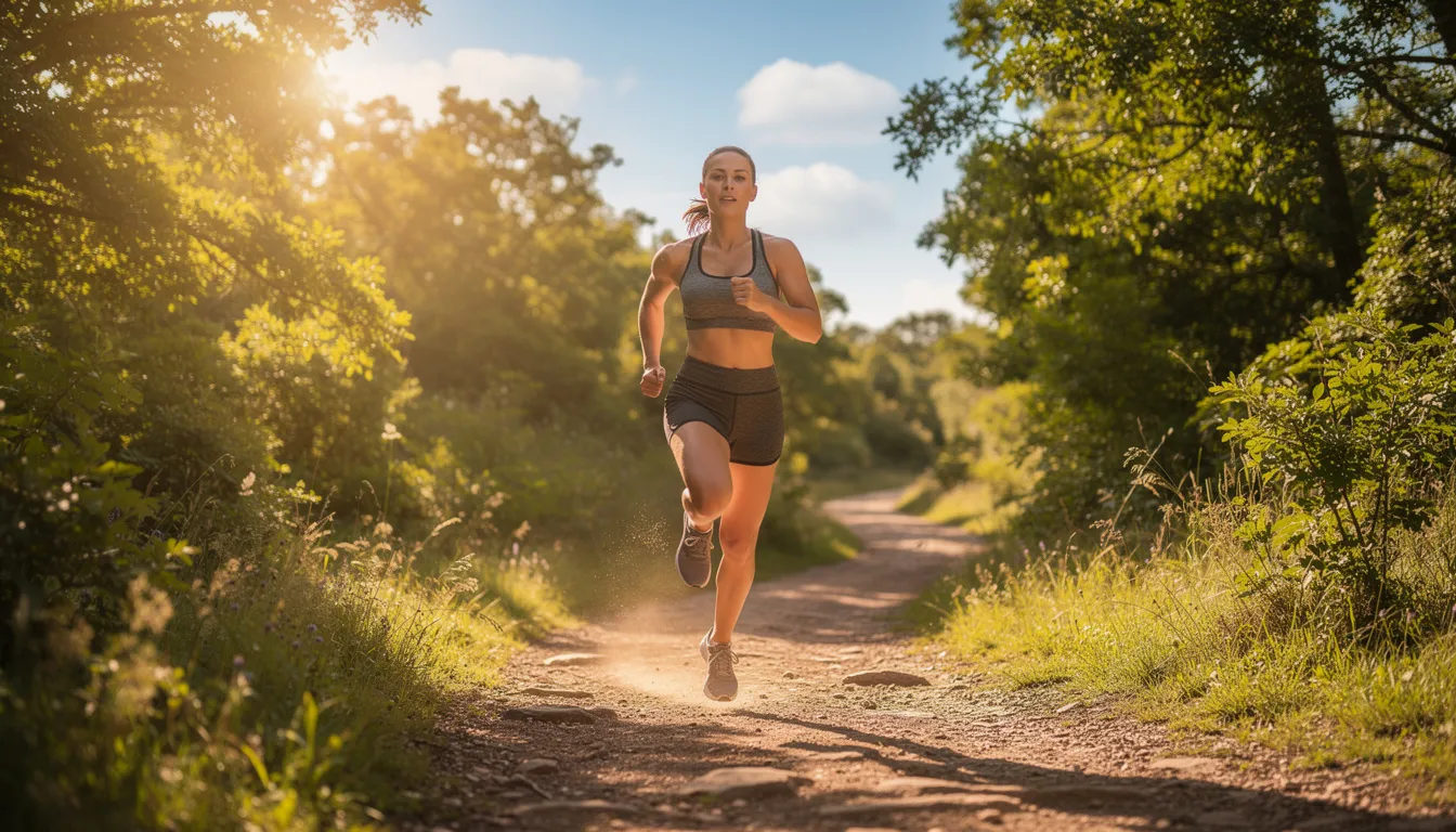 A person jogs energetically along a sunny outdoor trail, surrounded by greenery, promoting cardiovascular health and improved energy levels. This activity supports mitochondrial function, which is essential for cellular energy production and overall well-being.