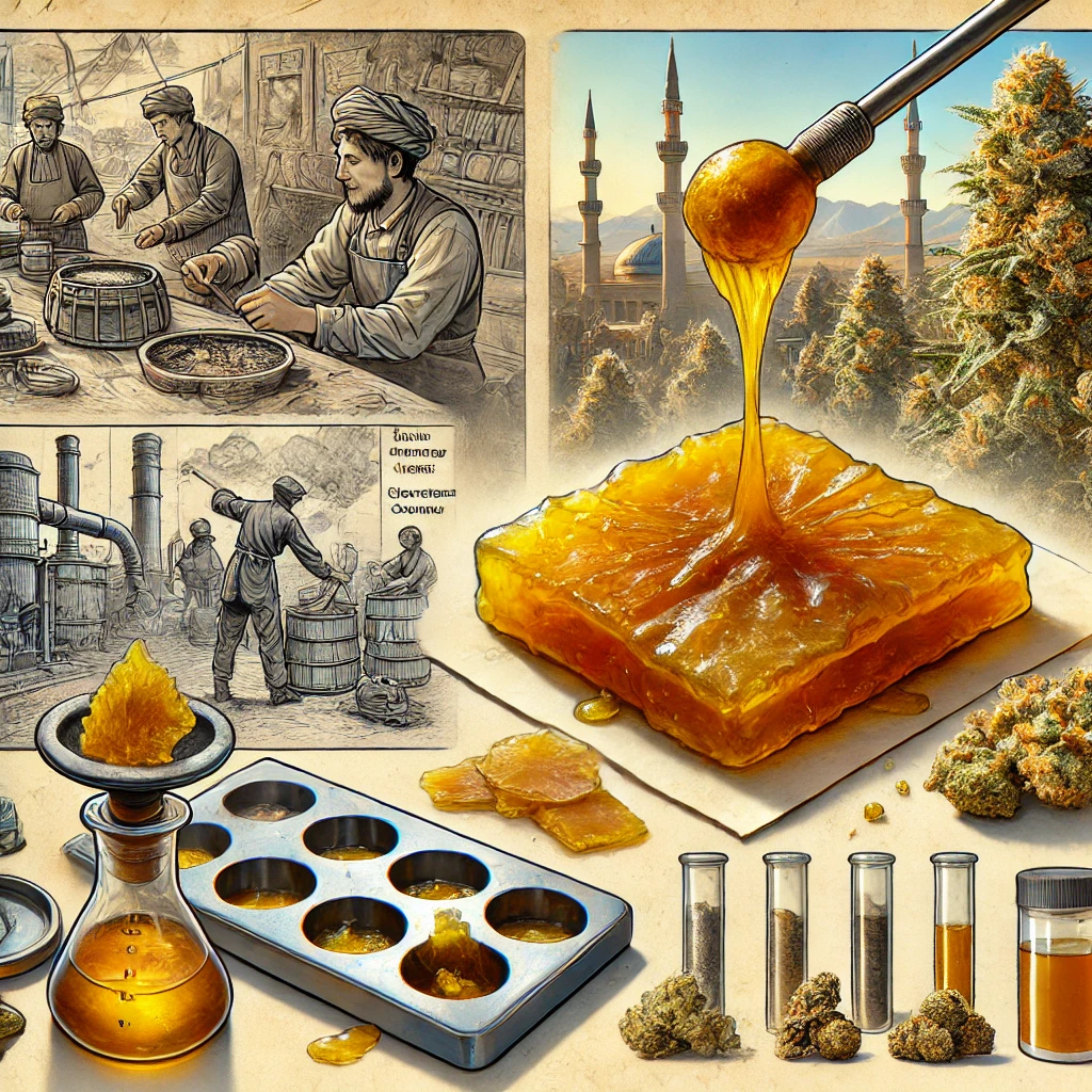 A historical depiction of traditional hand-pressed hashish being made in Afghanistan, showcasing the ancient techniques that influenced modern hash rosin production.