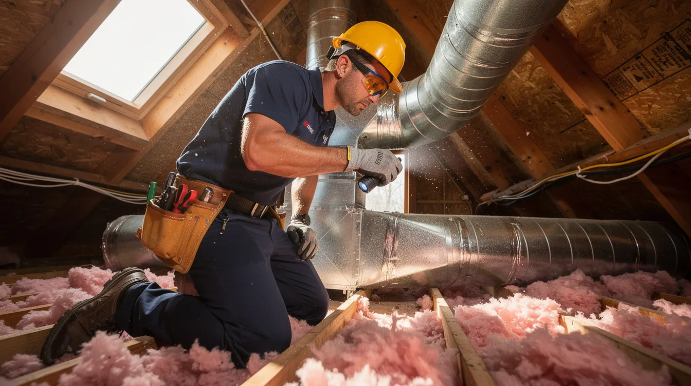 An HVAC technician is inspecting the existing ductwork in a residential attic space, ensuring the central air conditioning system operates efficiently. This inspection is crucial for maintaining energy efficiency and optimizing the cooling system's performance.