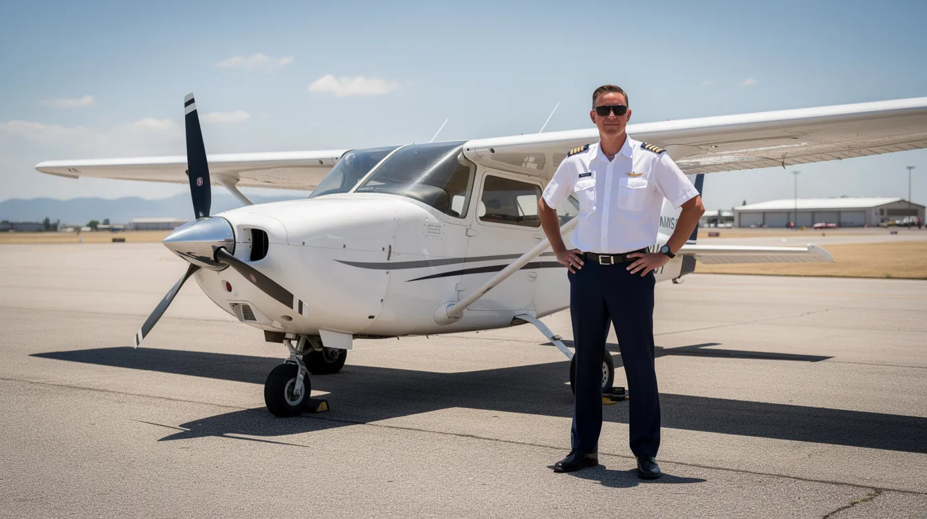 A pilot in a uniform stands proudly next to a small single-engine Cessna airplane on a sunny airport ramp, showcasing the aircraft that meets the maximum gross weight limit for safe flight. The scene captures the essence of aviation, highlighting the pilot's dedication to maintaining health and fitness for flying.
