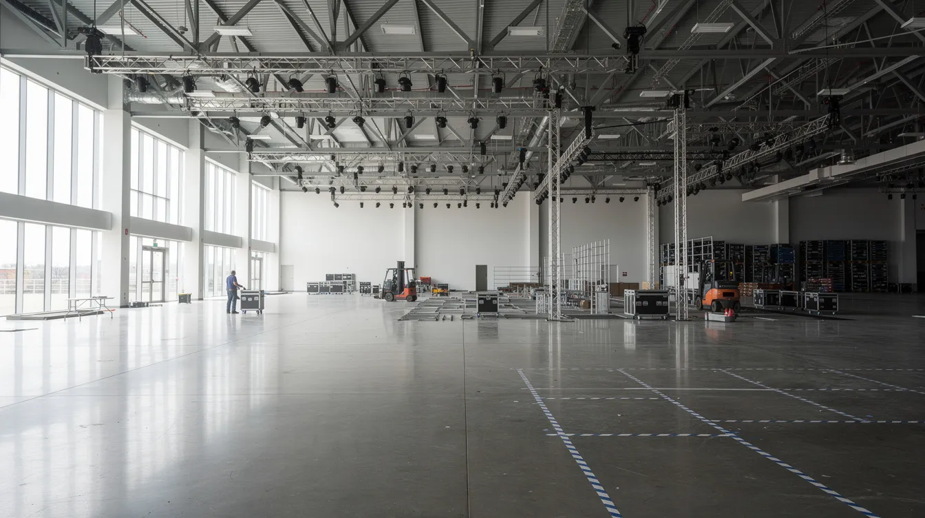 An empty convention hall with high ceilings and exposed rigging points is being prepared for a large corporate event, showcasing the technical production elements necessary for audio visual setups, including stage lighting and sound equipment. The space is designed to accommodate attendees and facilitate effective communication during the upcoming event.