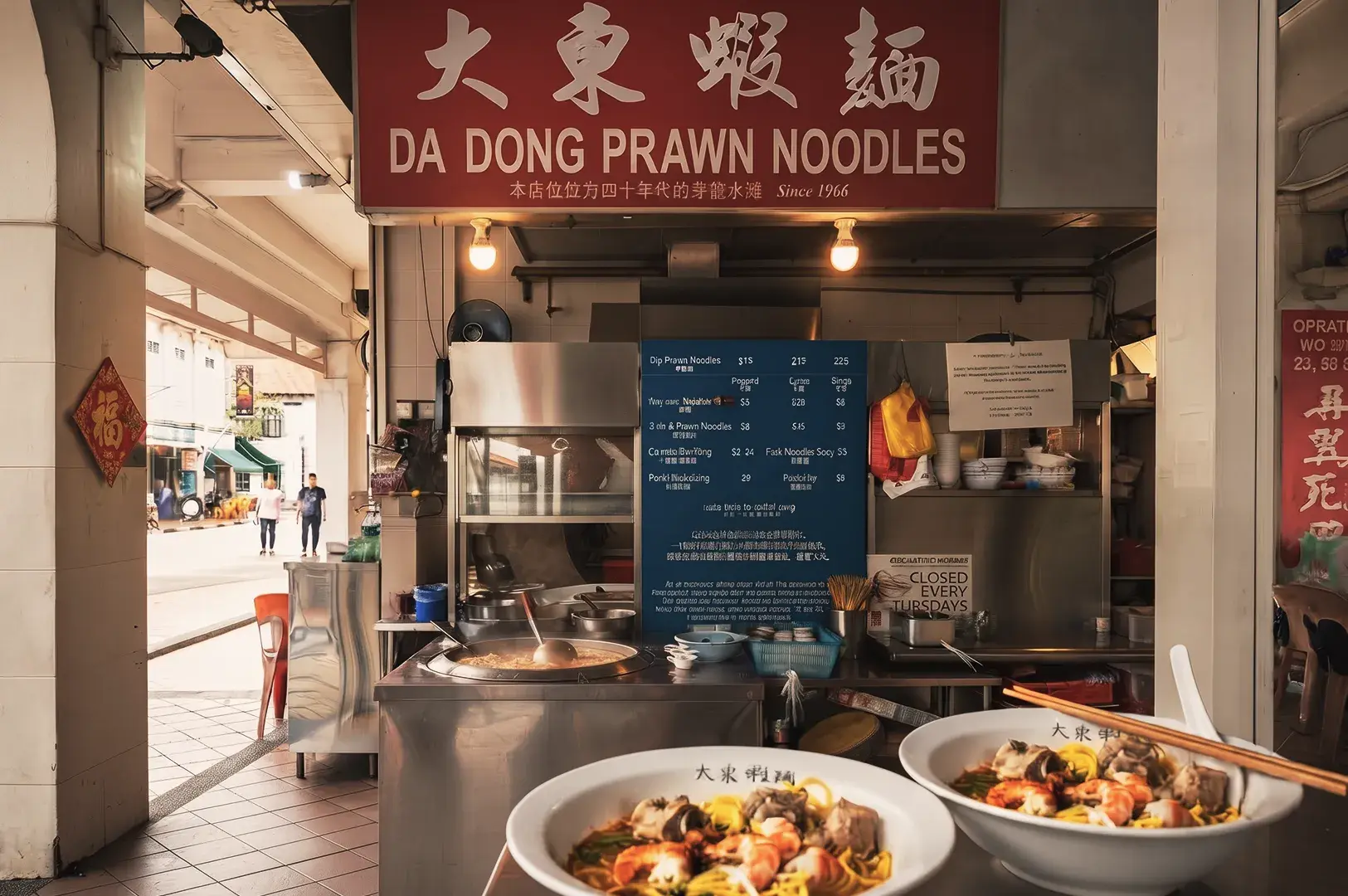 Da Dong Prawn Noodles hawker stall in Singapore, established in 1966, serving traditional prawn noodle soup with rich broth and fresh seafood.