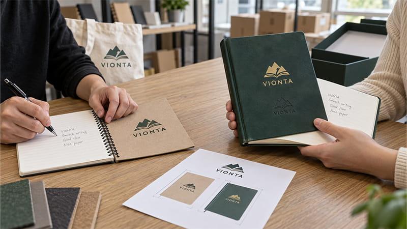 Buyer comparing VIONTA-branded coil-bound and PU-cover notebook samples with printed, gold-foil, and debossed logo finishes.