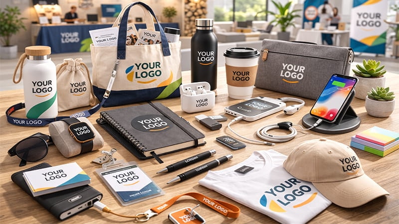 Hero collage featuring tote bags, water bottles, coffee mugs, t shirts, hats, etc.