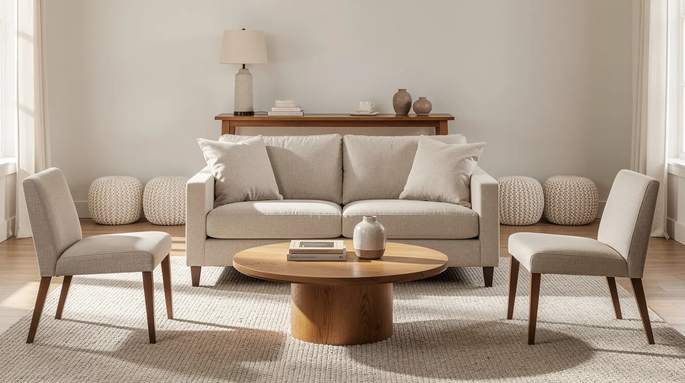 The image depicts a cozy living room featuring a loveseat and two slim accent chairs in a light neutral fabric, arranged around a round coffee table. Two knit poufs are tucked near a console table, creating a comfortable seating area that maximizes available floor space while maintaining an airy atmosphere.