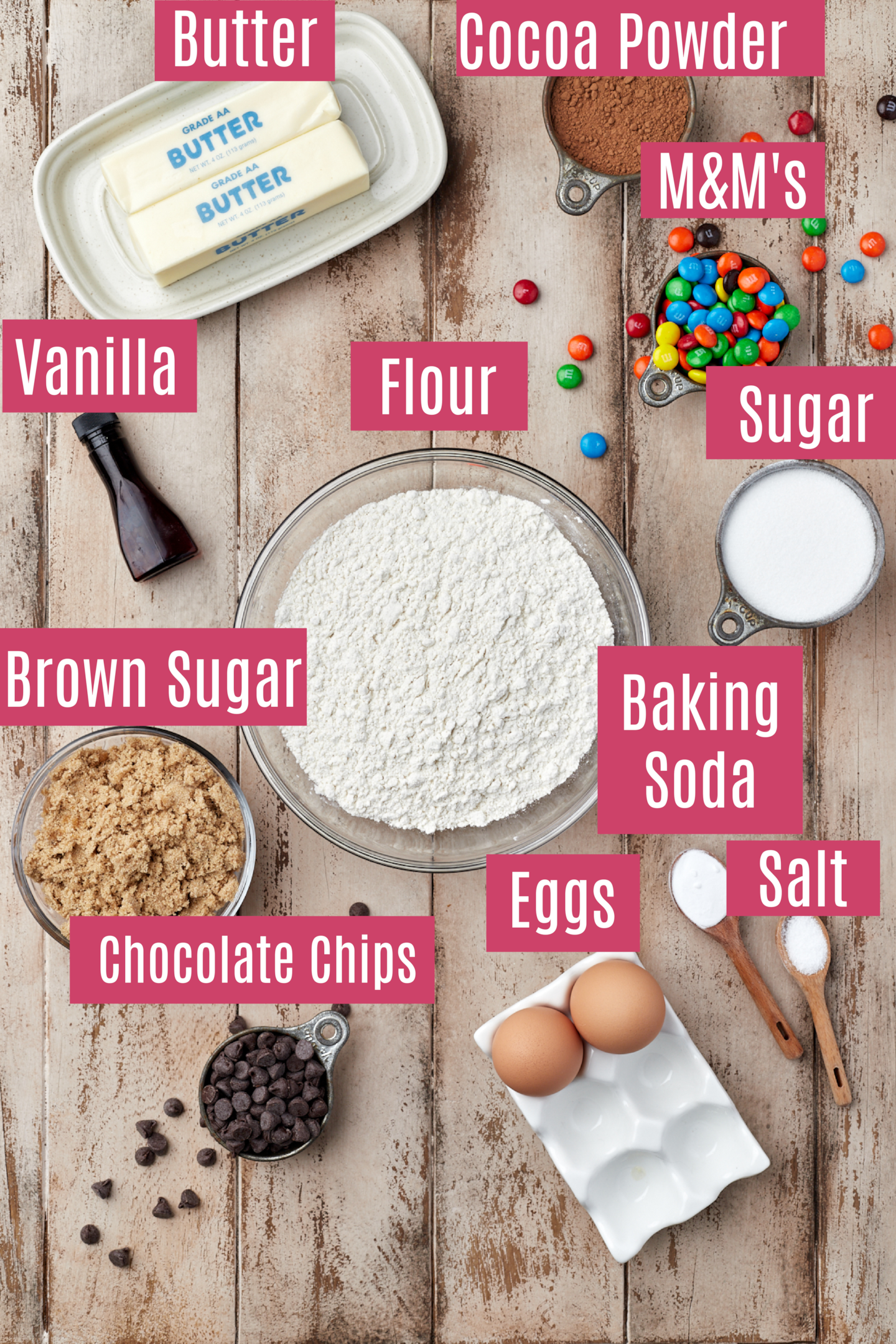 ingredients for chocolate M&M cookies