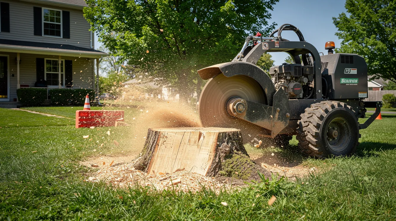 A stump grinding machine is actively grinding down a large tree stump in a green residential yard, showcasing the tree removal process. The specialized equipment efficiently reduces the stump into mulch, highlighting the professional tree removal services offered by a tree service company.