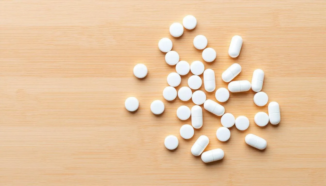 The image shows scattered magnesium glycinate supplement capsules on a natural wood surface, highlighting their role as a dietary supplement for improving sleep quality and supporting muscle function. These capsules are often recommended for individuals dealing with magnesium deficiency and sleep disorders.