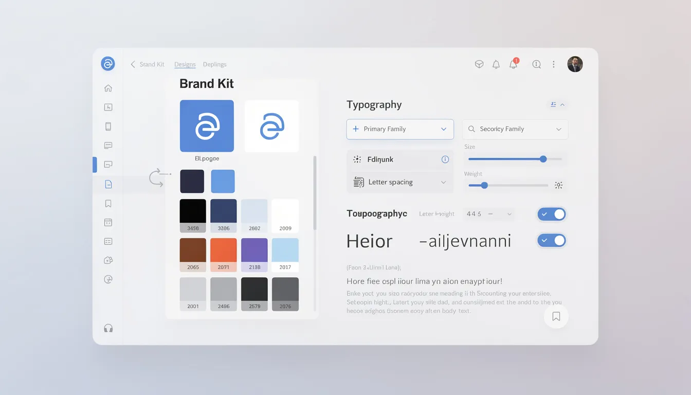 The image depicts an advanced customization interface featuring a brand kit with options for typography, allowing users to personalize their business card templates. This interface enables users to create a professional brand image by selecting unique fonts and brand colors, enhancing their design to make a lasting impression on clients.