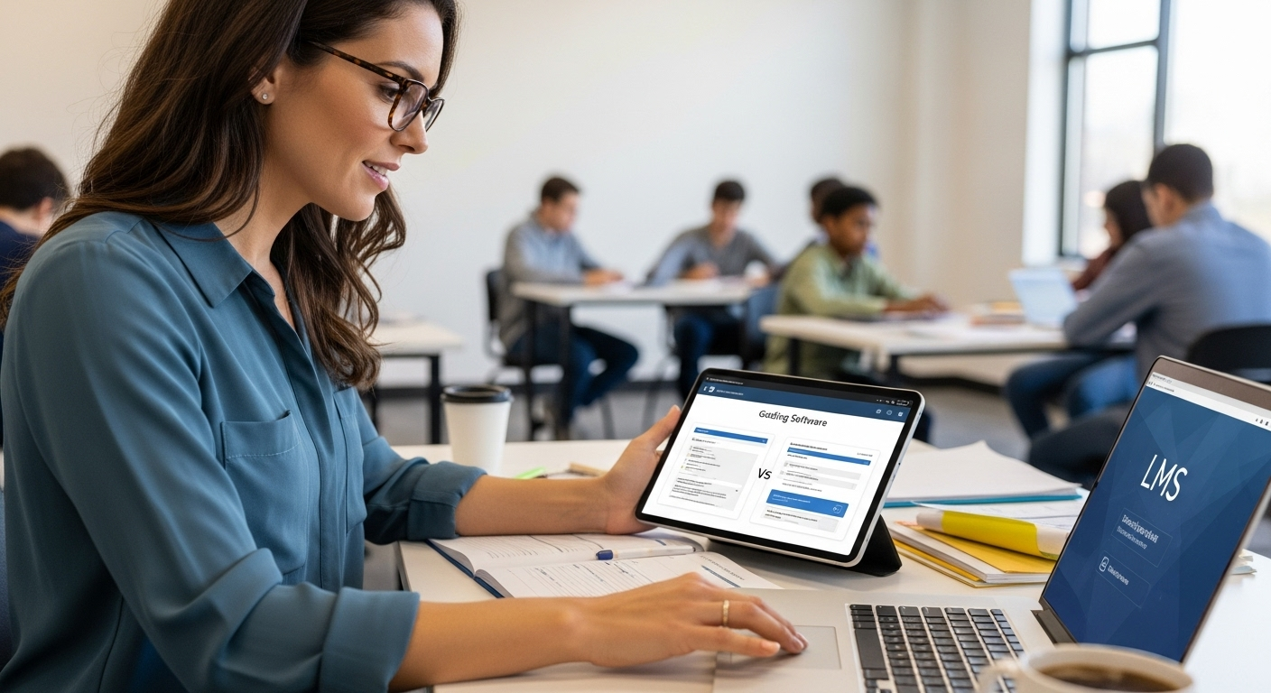 Teacher selecting grading software that integrates smoothly with existing LMS platforms.