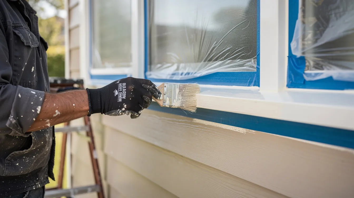A professional painter is meticulously applying exterior paint to the wood siding trim of a house, with windows carefully masked off to protect them. This painting project showcases the expertise and detail that local painters bring to residential and commercial properties in Akron.