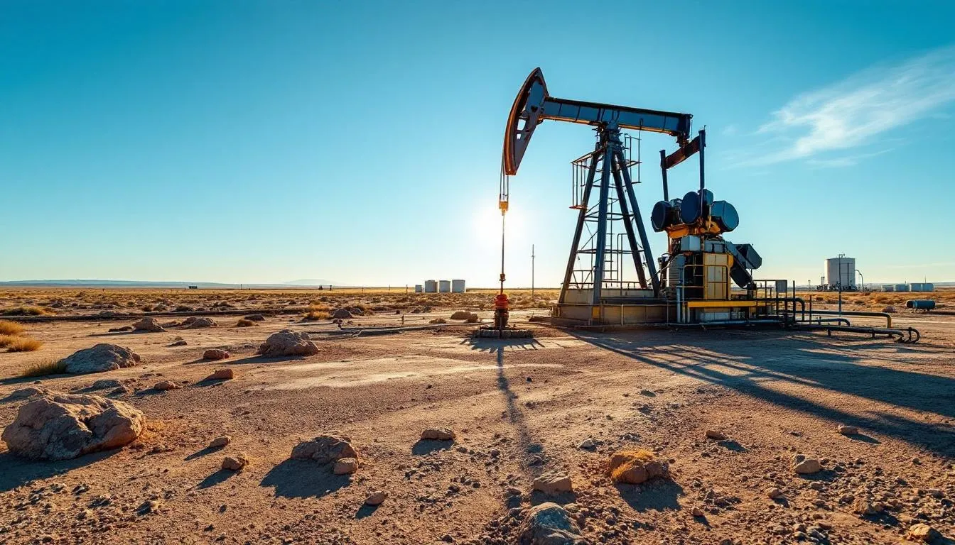 The image depicts a pump jack, a mechanical device used in oil production to extract crude oil from the ground. This equipment is essential in the oil industry, playing a crucial role in the operations of oil companies and influencing oil prices in the global markets.