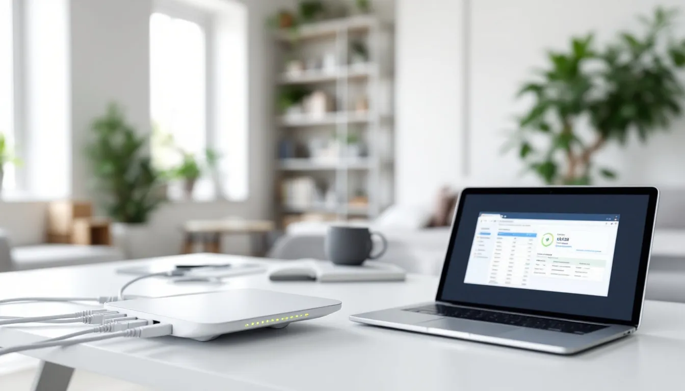 The image depicts a modern home setup featuring a sleek wireless router connected to an internet gateway, showcasing an organized workspace with a computer and a cell phone nearby. This setup emphasizes the importance of a strong Wi-Fi network for high download speeds and seamless connectivity provided by internet providers like Verizon.
