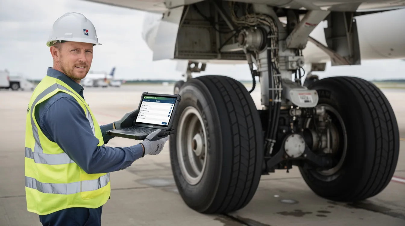 A maintenance technician is using a tablet to track the maintenance process beside an aircraft landing gear assembly, showcasing hands-on experience essential for their apprenticeship program in aviation. This scene highlights the real-world application of skills required for a successful career in the industry.