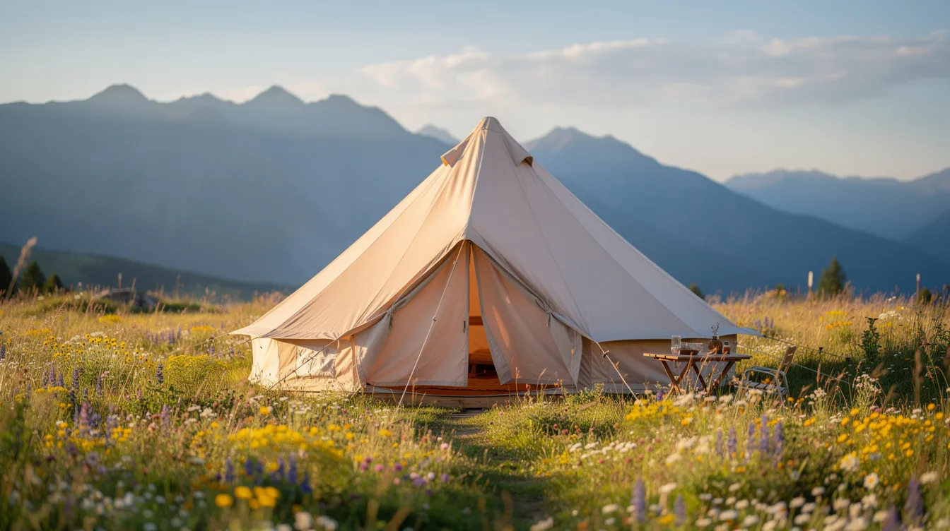 A large cotton canvas bell tent is prominently set up in a vibrant wildflower meadow, with majestic mountains rising in the background under the warm glow of late afternoon sunlight. This luxury camping tent offers a spacious living area, ideal for glamping and enjoying the beauty of nature.