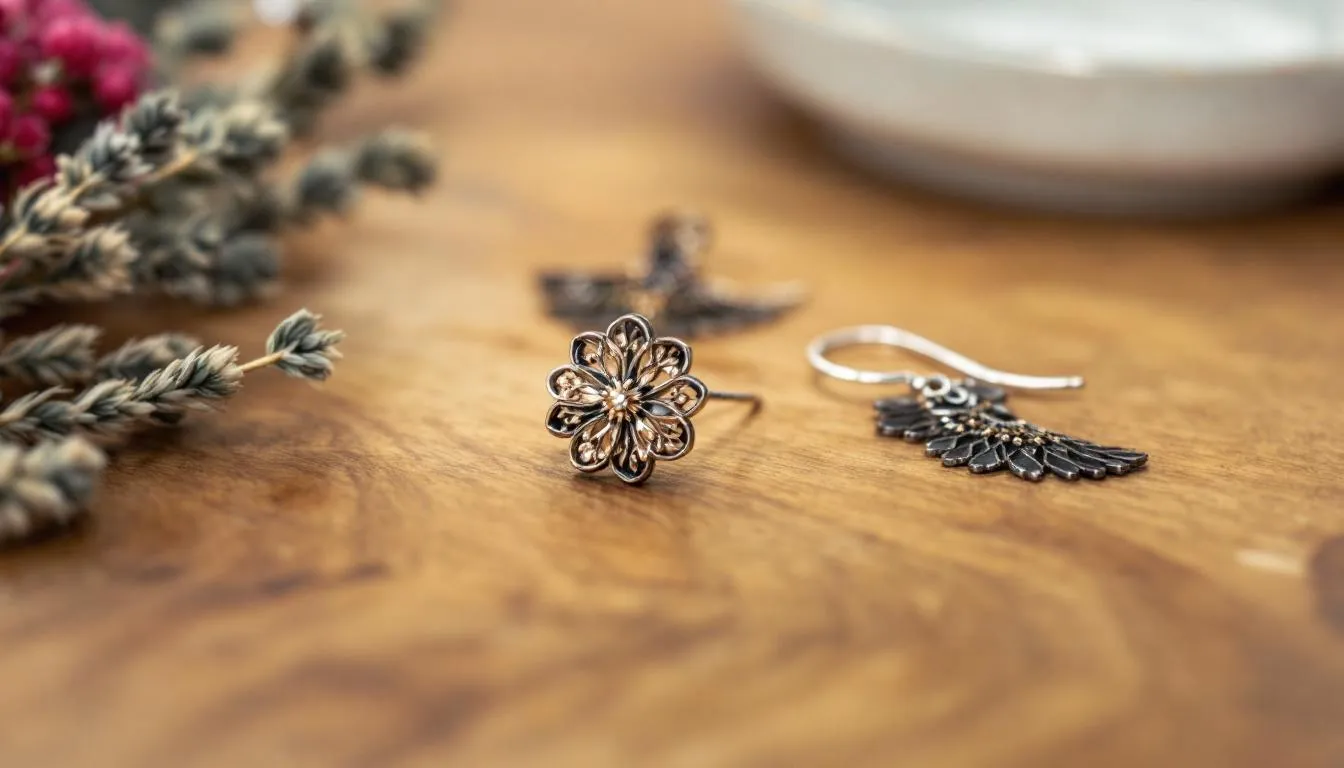 The image features a pair of beautifully crafted handmade sterling silver earrings, showcasing a unique and bold design that adds a statement to any outfit. These comfortable earrings are part of our jewellery collection, perfect for those looking to enhance their style.