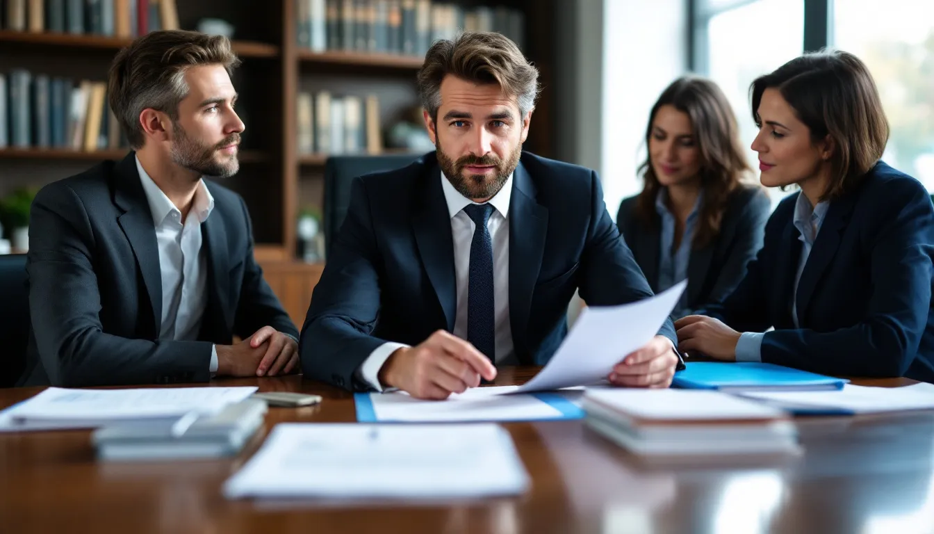Na imagem, um advogado está em reunião com seus clientes, cercado por documentos legais dispostos sobre a mesa, discutindo aspectos de planejamento patrimonial e sucessório, enquanto exploram as vantagens de abrir uma holding familiar para otimizar a gestão de bens e minimizar a carga tributária.