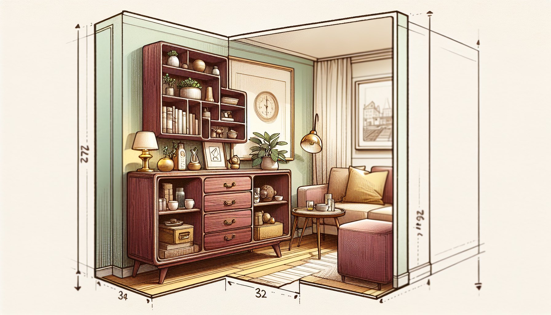 Illustration of a compact credenza in a small space