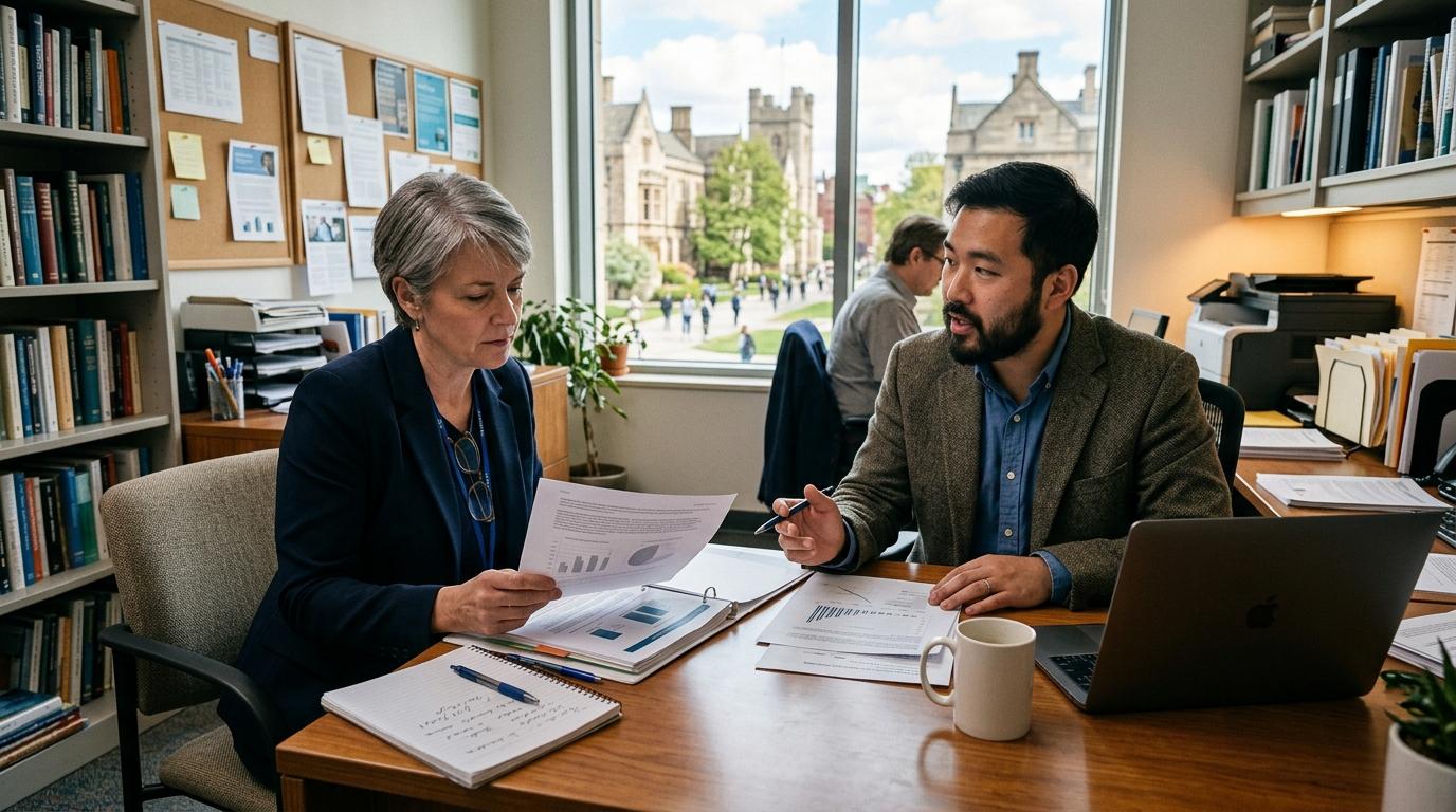 University administrator and instructor reviewing the long-term value of AI-assisted grading alongside collaborative writing programs, modern academic office