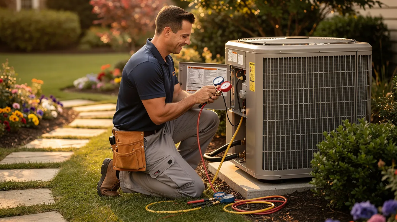 An HVAC technician, dressed in a plain navy blue shirt and grey pants, is working on an outdoor air conditioning unit, using various tools to ensure the system is functioning properly. The warm, lifestyle photo features a beautifully landscaped garden in the background, highlighting the importance of maintaining efficient cooling systems for indoor air quality.