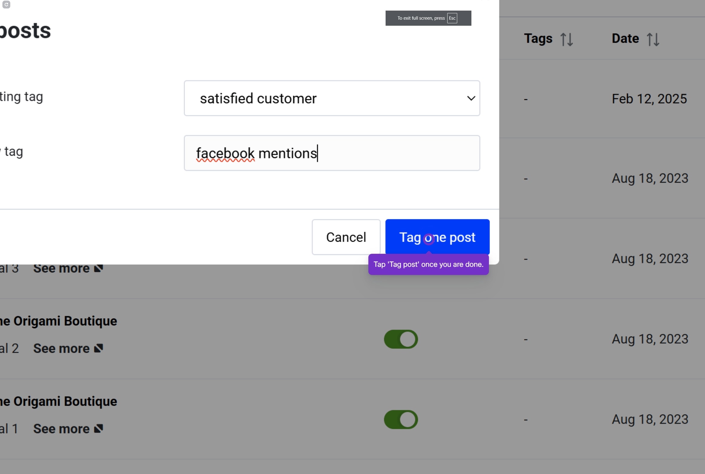 tagging facebook mentions inside embedsocial