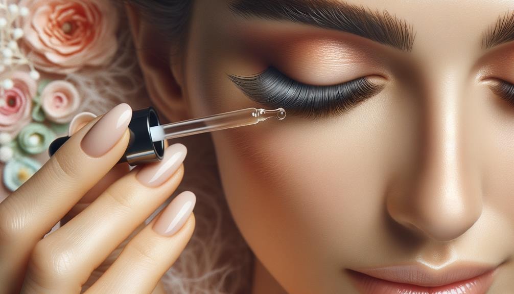 A close-up of a woman applying eyelash serum to her lashes with a dropper. The image highlights her long, thick eyelashes and well-groomed eyebrows, with a soft, floral background.