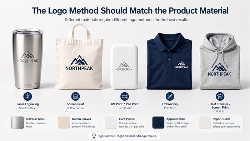 Logo methods matched to product materials, including laser engraving, screen printing, UV printing, embroidery, and heat transfer.