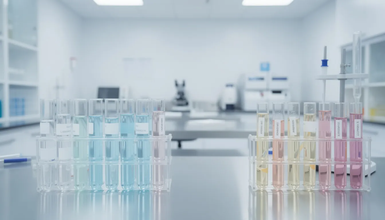 Das Bild zeigt ein modernes medizinisches Labor mit verschiedenen Reagenzgläsern, die sorgfältig auf einem Tisch angeordnet sind. In diesem Kontext könnte die Analyse von THC-Werten im Blutserum von Bedeutung sein, insbesondere im Hinblick auf die Regelungen zum Cannabis-Konsum im Straßenverkehr.