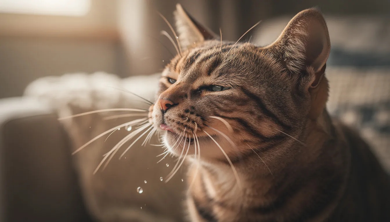 A close-up of a tabby cat sneezing, with slightly watery eyes, suggests it may be experiencing cat cold symptoms in a cozy home environment. This feline friend appears to be suffering from a common cold, characterized by runny eyes, which is common among indoor cats.