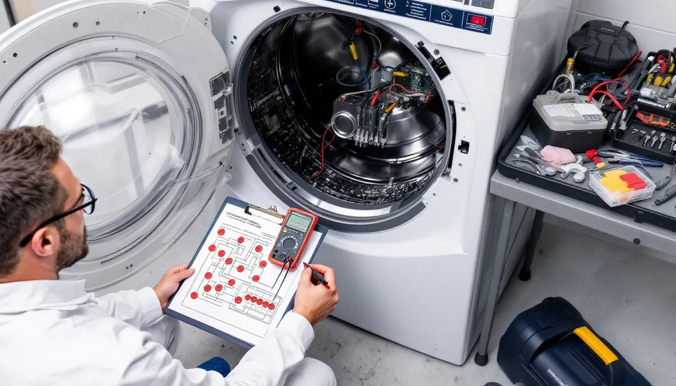 Common issues faced by Continental Girbau commercial washers being diagnosed by technicians.