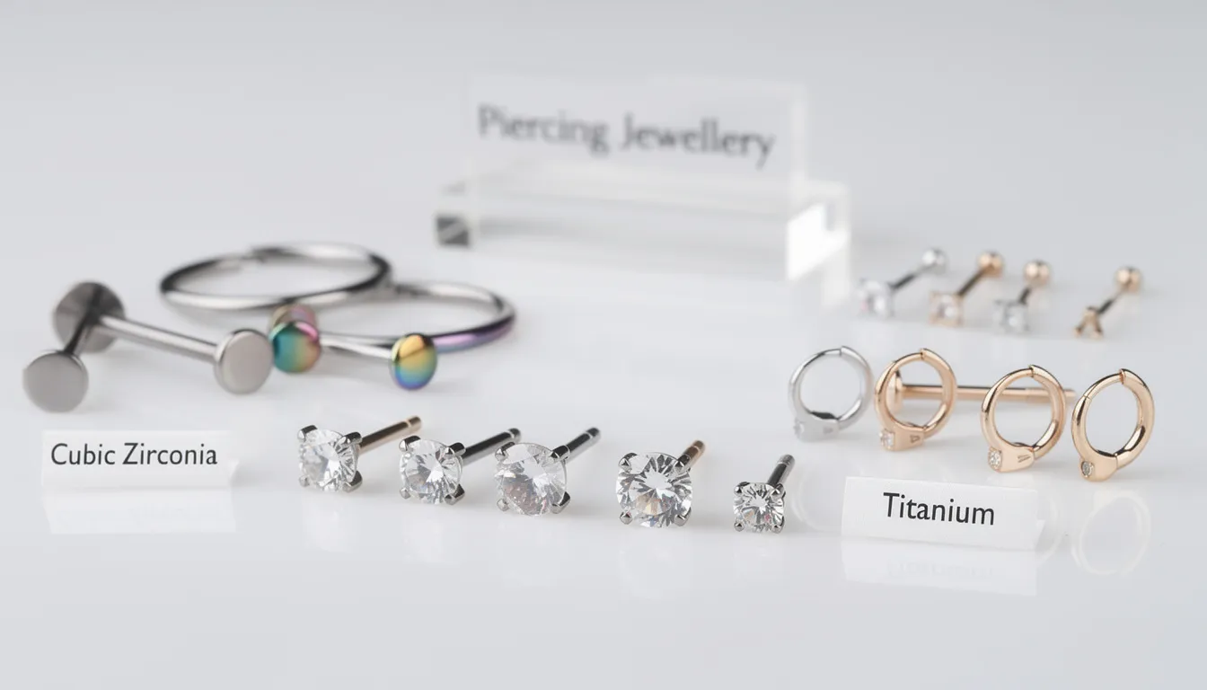 The image showcases a variety of piercing jewellery, including elegant stud earrings made from materials like sterling silver, gold plated options, and durable titanium. Sparkling cubic zirconia pieces are also featured, highlighting the diverse choices available for body piercings, such as tragus and helix styles.