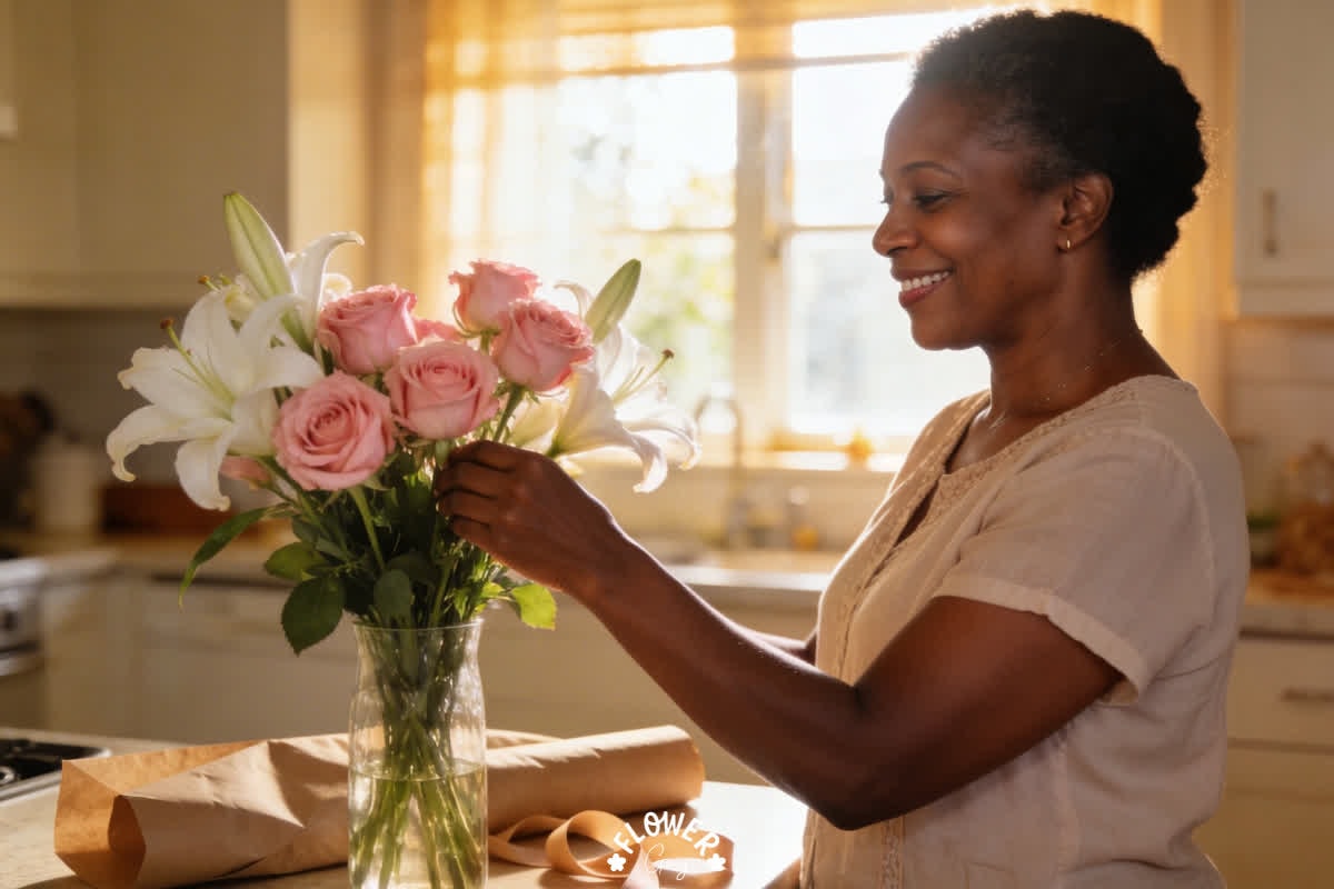 Woman arranging fresh pink roses and lilies in vase at home, same-day Mother's Day flower delivery in Cape Town