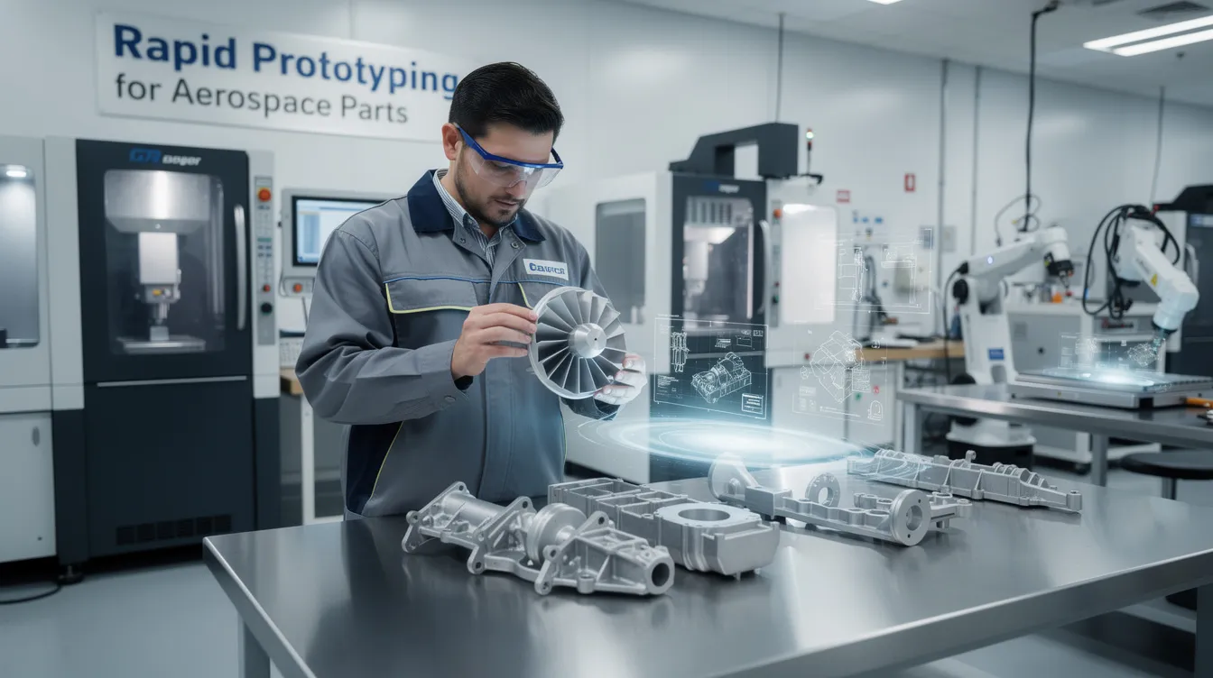 The image depicts a modern workshop dedicated to rapid prototyping services for aerospace parts, showcasing advanced manufacturing processes like 3D printing and CNC machining. Various aerospace components, including intricate designs and functional prototypes, are displayed, highlighting the capabilities of additive manufacturing technologies and the focus on quality control in the aerospace industry.