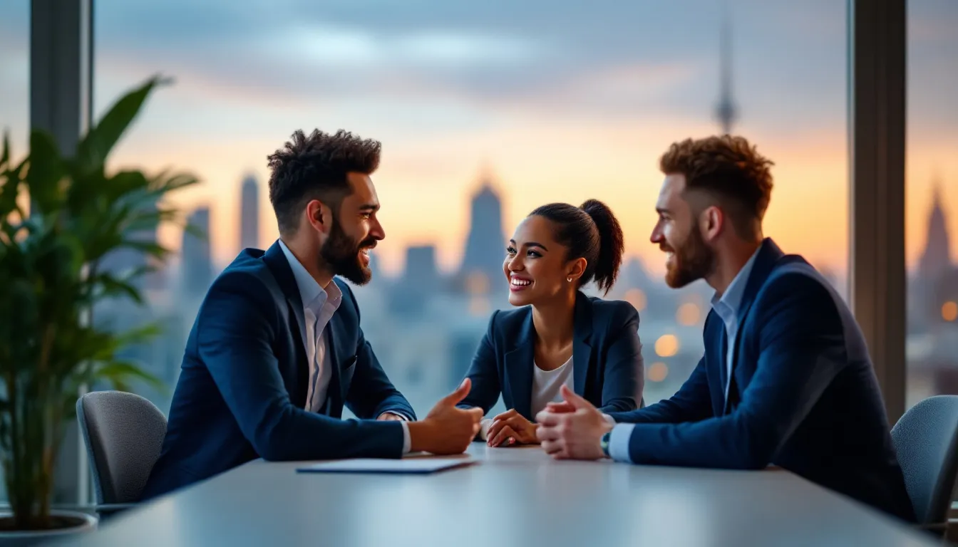 A family law attorney discussing case details with clients.