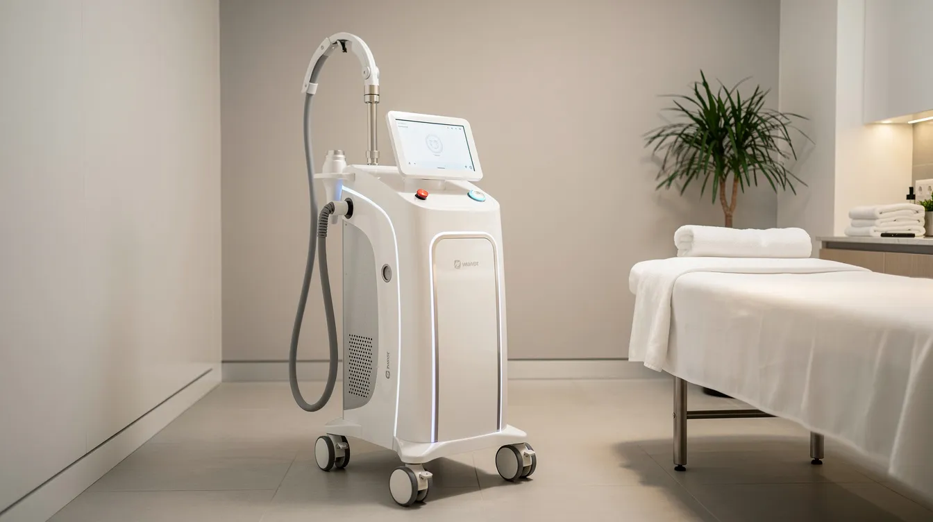 The image depicts a non-invasive body contouring device placed in a treatment room, designed to stimulate collagen production and enhance the gluteal muscles without the need for invasive surgery. This cosmetic procedure offers a non-surgical butt lift alternative, providing immediate volume and sculpted appearance with minimal downtime.