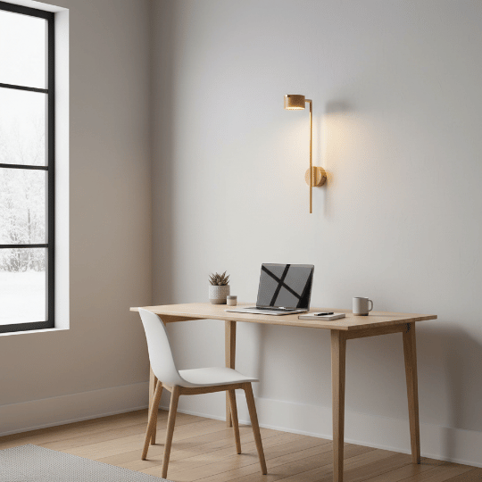 Slim brass wall-mounted task light above a home desk—Scandinavian lighting ideas for a Nordic-style workspace.